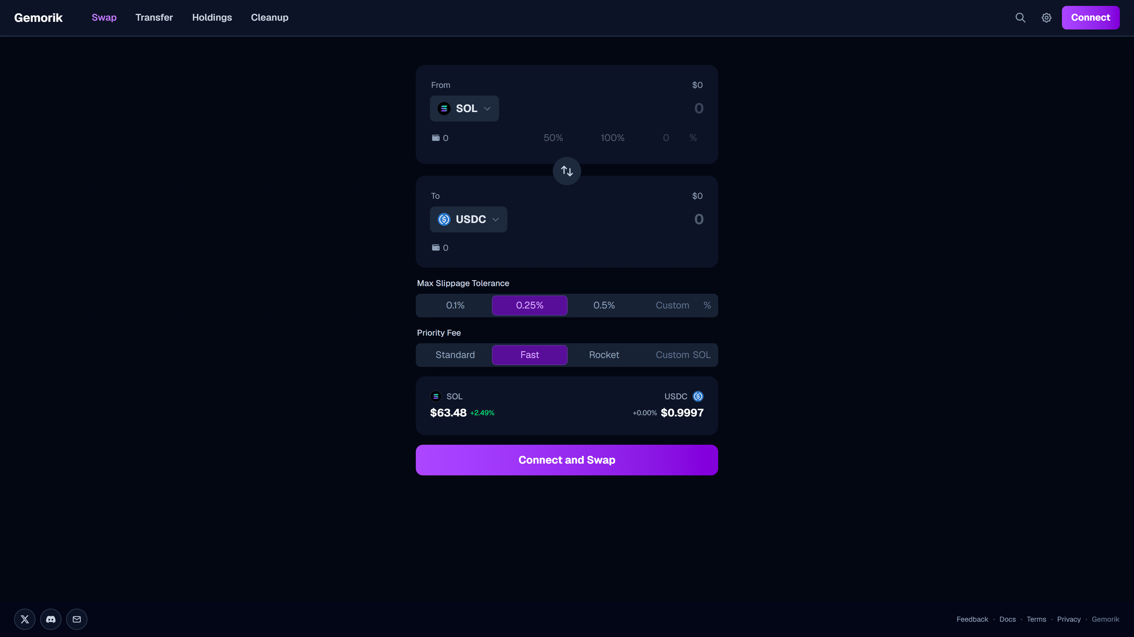 Gemorik swap screen showing quote review, route context, fees, minimum receive, and execution details.