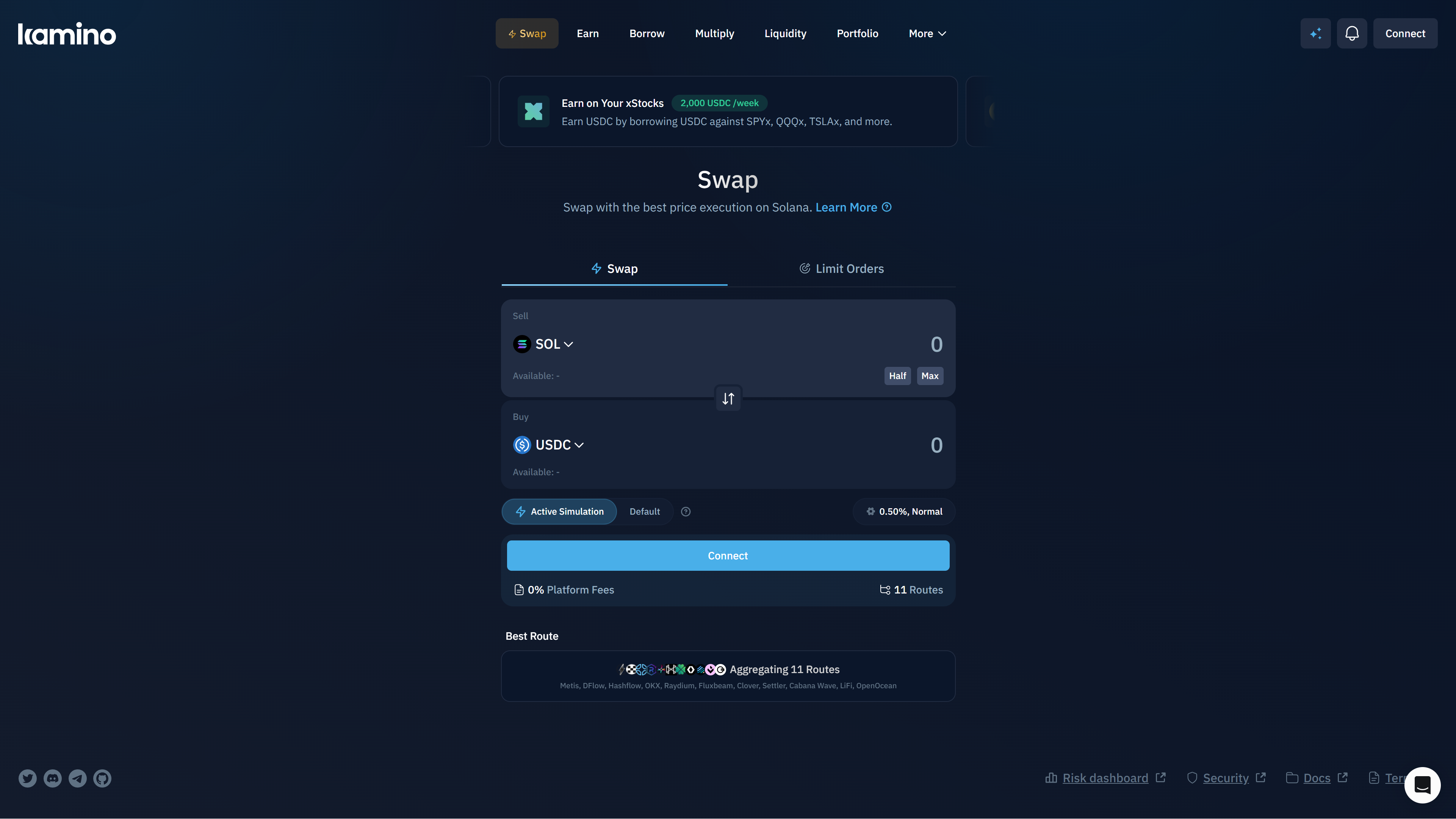 Kamino swap screen showing Active Simulation, zero platform fee messaging, routes, and Best Route evidence.