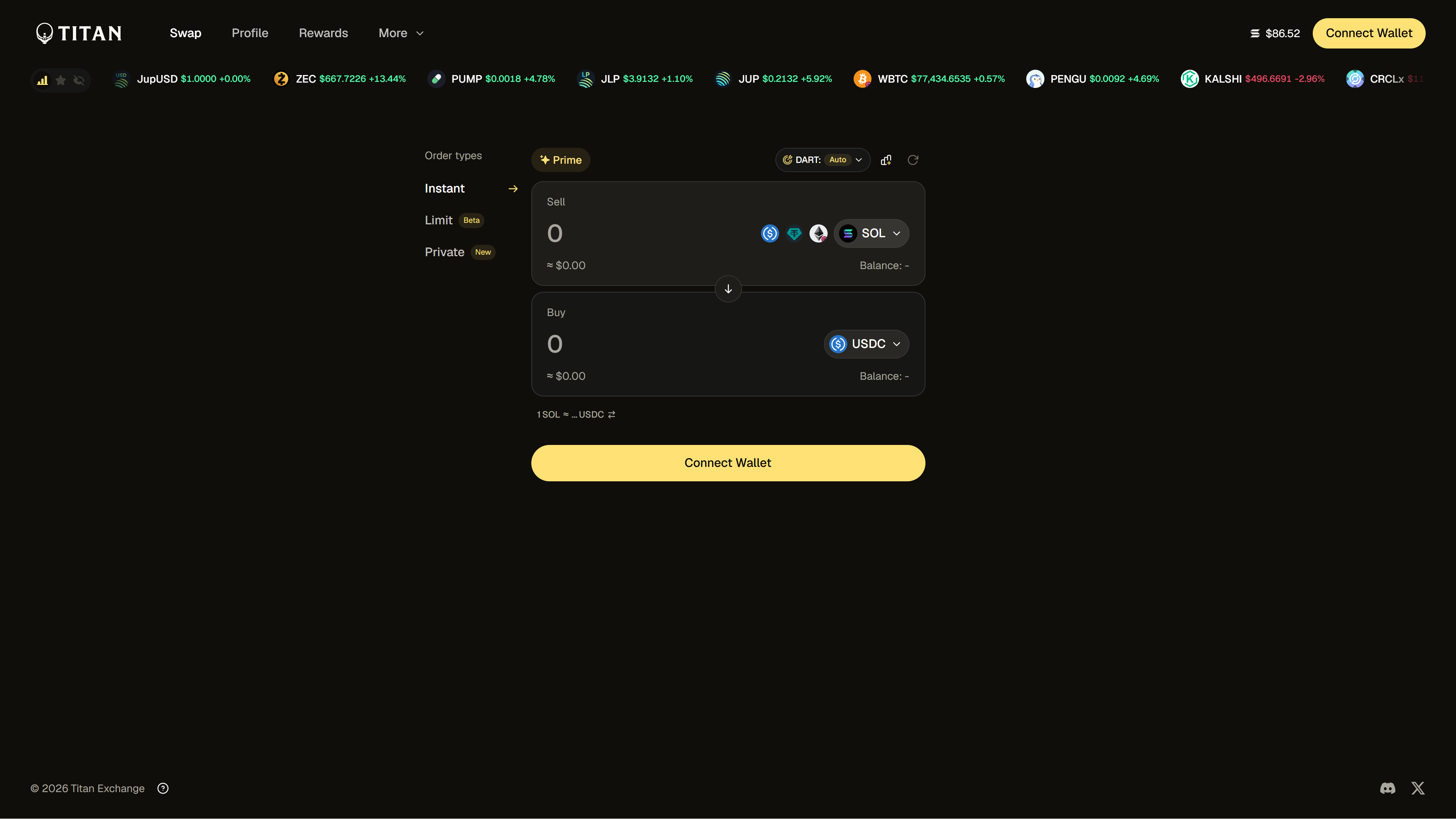 Titan swap screen showing Prime, Instant, Limit, Private modes, DART Auto, and a ticker bar.